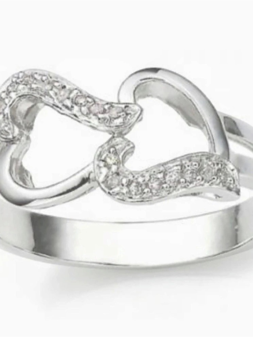 Size 7 Linked Heart Ring, Sterling Silver, 14K White Gold Plated, 17 Diamonds